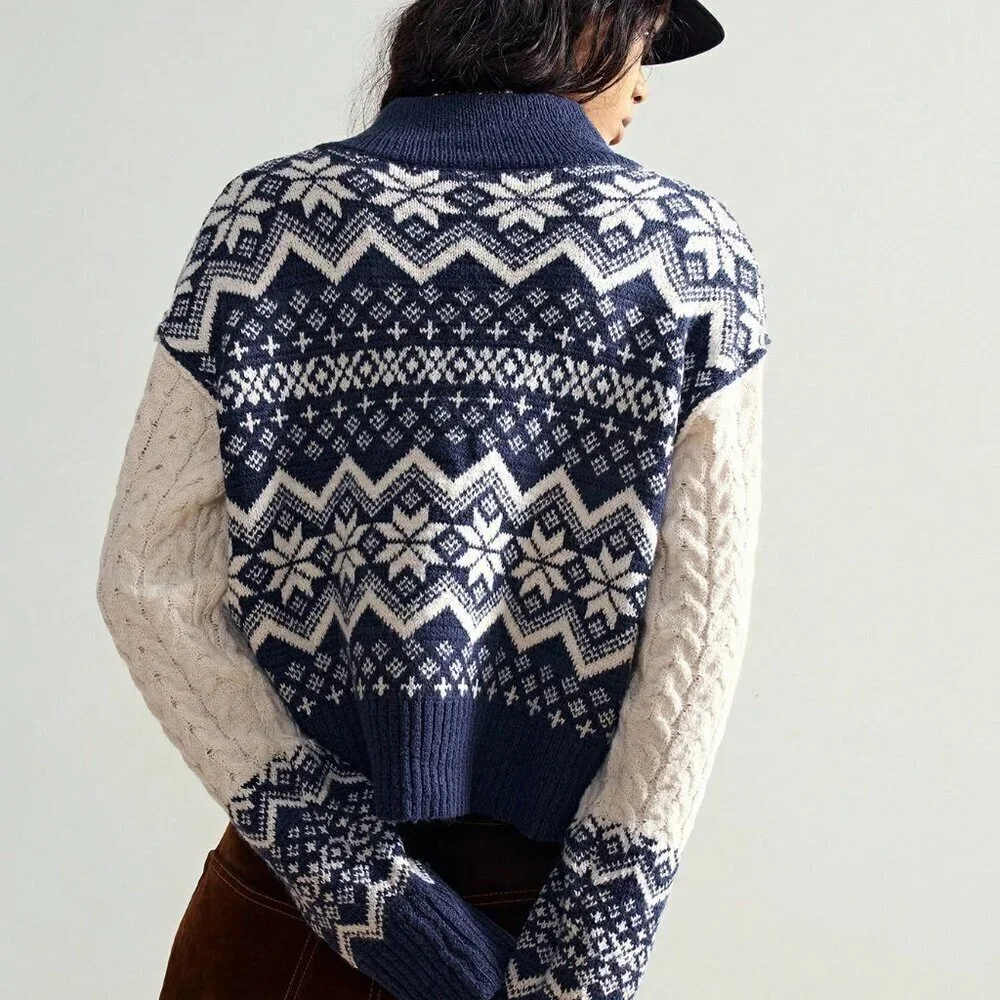 Womens Blue High Neck Zip up Fair Isle Print Chunky Cable Knit Cardigan